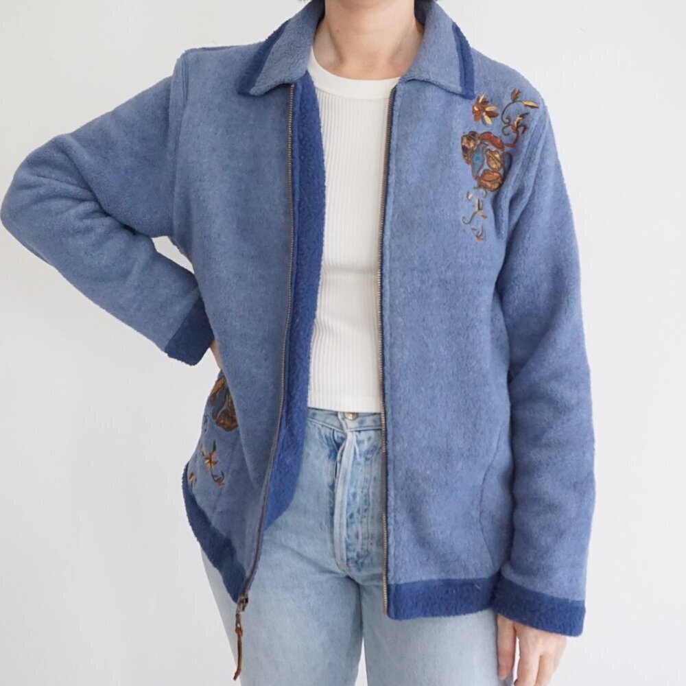 Vintage Teddi Blue Embroidered Floral Zip-Up Fleece Jacket Cozy Cabincore M